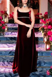 Burgundy Spaghetti Straps Sheath Velvet Long Formal Evening Party Dress, HZ0319