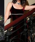 Burgundy Spaghetti Straps Sheath Velvet Long Formal Evening Party Dress, HZ0319