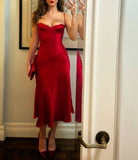 Charming Red Spaghetti Straps Sheath Satin Midi Length Evening Party Dress, HZ0319