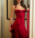 Charming Red Spaghetti Straps Sheath Satin Midi Length Evening Party Dress, HZ0319