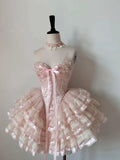Pink Sweetheart A-Line Lace Tiered Homecoming Dress Birthday Outfits, HZ0319