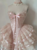Pink Sweetheart A-Line Lace Tiered Homecoming Dress Birthday Outfits, HZ0319