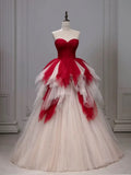 Pretty Ball Gown Sweetheart Tulle Long Red Layers Prom Dresses Sweet 16 Dresses, HZ0319