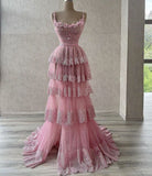Stunning Pink Spaghetti Straps A-Line Tulle Long Party Dress Birthday Outfits, HZ0319