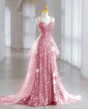 Shiny Pink Straps Sheath Sequins Long Party Dress Birthday Outfits, HZ0319
