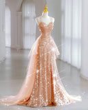 Shiny Pink Straps Sheath Sequins Long Party Dress Birthday Outfits, HZ0319