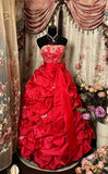 Red Strapless A-Line Satin Vintage Long Evening Dress Formal Ball Gown Dress, HZ0319