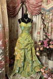 Green Spaghetti Straps A-Line Satin Retro Prom Gown Long Party Dress, HZ0319