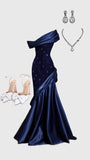 Pretty Mermaid One Shoulder Navy Blue Satin Long Party Dress Prom Dresses, HZ0319