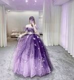 Purple Off Shoulder A-Line Tulle Birthday Ball Gown Long Prom Dress, HZ0319