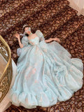 Light Blue Puffy Sleeves A-Line Printed Chiffon Birthday Dress Long Party Dress, HZ0319