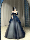 Navy Blue Off Shoulder A-Line Tulle Long Formal Prom Dress Evening Gown, HZ0319