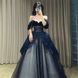Navy Blue Off Shoulder A-Line Tulle Long Formal Prom Dress Evening Gown, HZ0319
