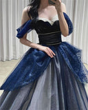 Navy Blue Off Shoulder A-Line Tulle Long Formal Prom Dress Evening Gown, HZ0319
