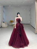 Burgundy Strapless A-Line Tulle Long Formal Prom Dress Evening Gown, HZ0319