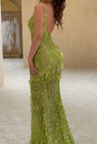 Stunning Green Straps Beading Mermaid Long Party Dress Evening Gown, HZ0319
