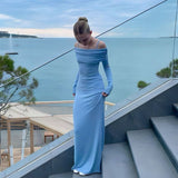 Blue Off Shoulder Long Sleeves Sheath Long Party Dress Evening Dress, HZ0319