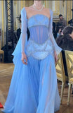 Gorgeous Strapless A-Line Beading Chiffon Long Party Dress with Detachable Sleeves, HZ0319