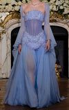 Gorgeous Strapless A-Line Beading Chiffon Long Party Dress with Detachable Sleeves, HZ0319