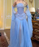 Gorgeous Strapless A-Line Beading Chiffon Long Party Dress with Detachable Sleeves, HZ0319