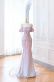 Light Pink Straps Off Shoulder Beading Mermaid Long Formal Party Dress, HZ0319