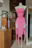 Pink Strapless Sheath Ruffles Long Party Dress Wedding Guest Dress, HZ0319