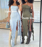 Light Blue Strapless Sheath Ruffles Long Party Dress Wedding Guest Dress, HZ0319