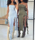 Light Blue Strapless Sheath Ruffles Long Party Dress Wedding Guest Dress, HZ0319