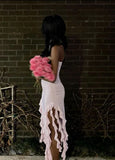 Light Pink Strapless Sheath Ruffles Long Party Dress Wedding Guest Dress, HZ0319