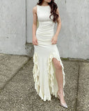 Ivory Sleeveless Sheath Ruffles Long Party Dress Fashion Date Dress, HZ0319