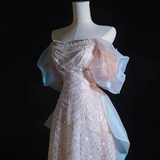 Light Pink Off Shoulder A-Line Sequins Pearls Long Formal Party Dress HZ0319