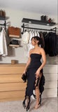 Black Strapless Sheath Ruffles Long Party Dress Wedding Guest Dress, HZ0319