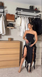 Black Strapless Sheath Ruffles Long Party Dress Wedding Guest Dress, HZ0319