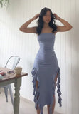 Black Strapless Sheath Ruffles Long Party Dress Wedding Guest Dress, HZ0319