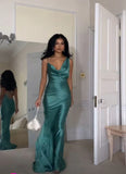 Blue Straps Cross Back Sheath Satin Long Party Dress Bridesmaid Dress, HZ0319