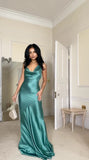 Blue Straps Cross Back Sheath Satin Long Party Dress Bridesmaid Dress, HZ0319