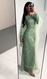 Modest Sage Green Long Sleeves Sequins Sheath Long Formal Prom Dress, HZ0319