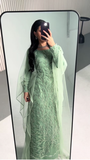 Modest Sage Green Long Sleeves Sequins Sheath Long Formal Prom Dress, HZ0319