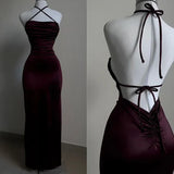 Burgundy Strps Backless Sheath Satin Simple Long Evening Party Dress, HZ0319