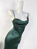 Green Spaghetti Straps Mermaid Satin Long Party Dress Wedding Guest Dress, HZ0319