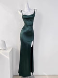Green Spaghetti Straps Mermaid Satin Long Party Dress Wedding Guest Dress, HZ0319
