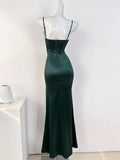 Green Spaghetti Straps Mermaid Satin Long Party Dress Wedding Guest Dress, HZ0319