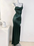 Green Spaghetti Straps Mermaid Satin Long Party Dress Wedding Guest Dress, HZ0319