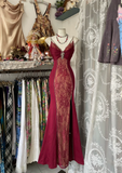 Wine Red Spaghetti Straps Mermaid Lace Vintage Long Evening Party Dress, HZ0319