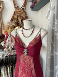 Wine Red Spaghetti Straps Mermaid Lace Vintage Long Evening Party Dress, HZ0319
