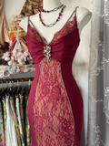 Wine Red Spaghetti Straps Mermaid Lace Vintage Long Evening Party Dress, HZ0319