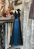 Blue Halter Lace Satin Sheath Vintage Long Prom Dress Formal Party Dress, HZ0319