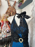 Blue Halter Lace Satin Sheath Vintage Long Prom Dress Formal Party Dress, HZ0319