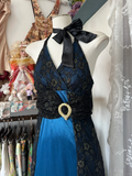 Blue Halter Lace Satin Sheath Vintage Long Prom Dress Formal Party Dress, HZ0319