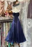 Navy Blue Strapless A-Line Satin Vintage Long Prom Dress Formal Party Dress, HZ0319